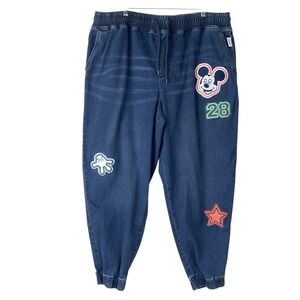 Disney Her Universe Blue Denim Joggers 2X Drawstring Elastic Mickey Patches